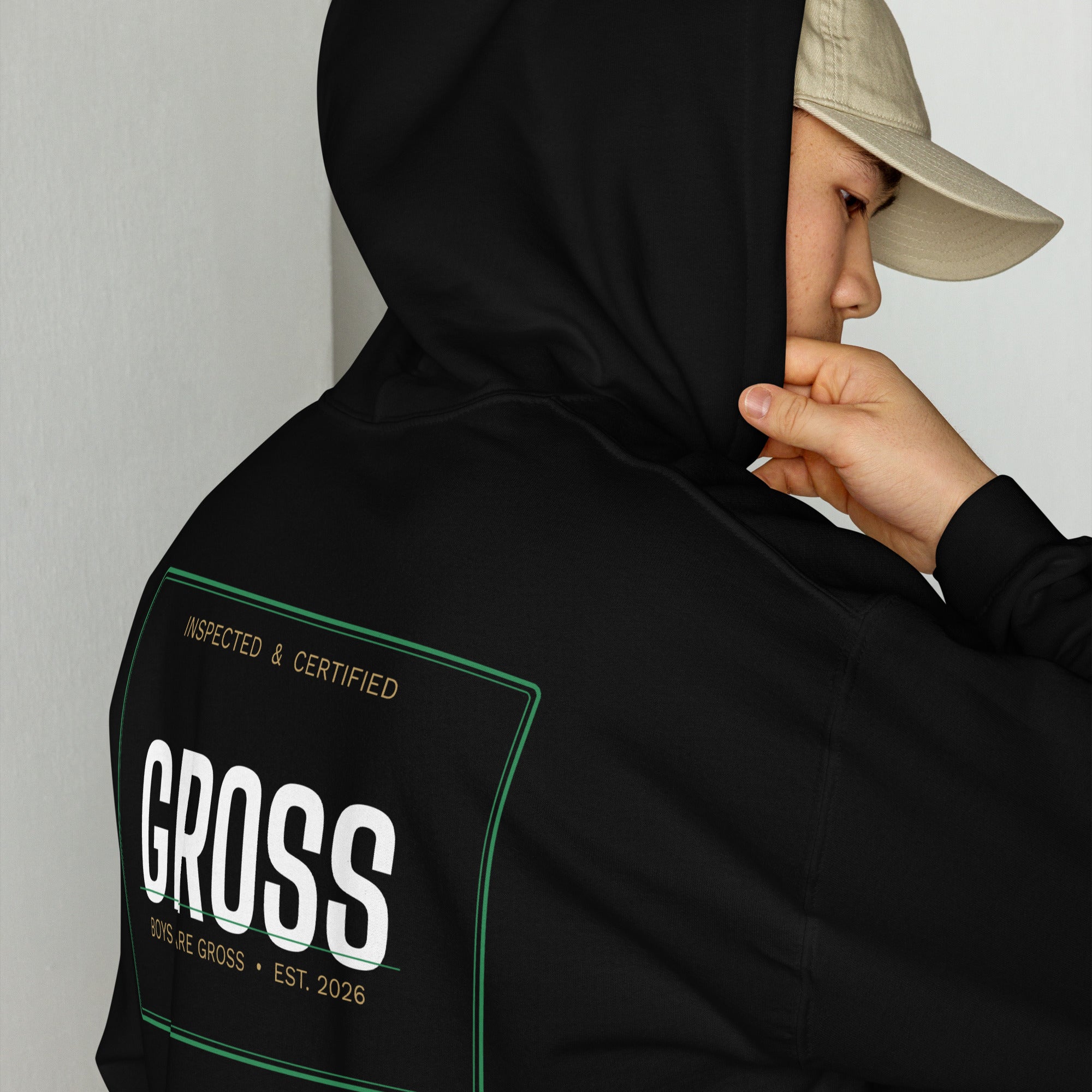 BAG Hoodie Black side view - Boys Are Gross